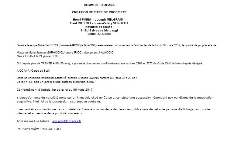 Avis de création de titre de propriété - commune d'Ocana (Corse du Sud)