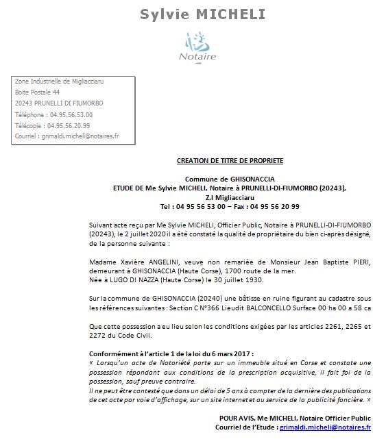 Avis de création de titre de propriété - commune de Ghisonaccia (Haute Corse) Avis de création de titre de propriété - commune de Ghisonaccia (Haute Corse)