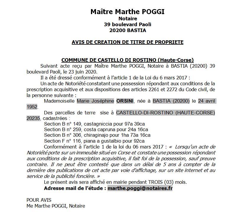 Avis de création de titre de propriété - commune de Castello di Rostino (Haute Corse)