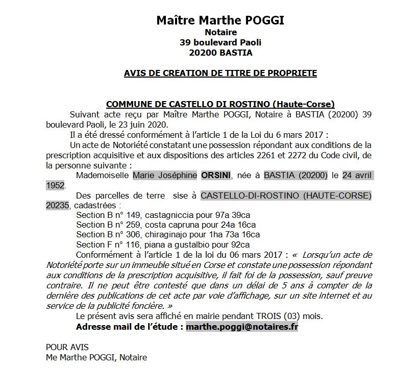 Avis de création de titre de propriété - commune de Castello di Rostino (Haute Corse) Avis de création de titre de propriété - commune de Castello di Rostino (Haute Corse)