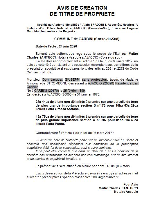 Avis de création de titre de propriété - commune de Carbini (Corse du Sud) Avis de création de titre de propriété - commune de Carbini (Corse du Sud)