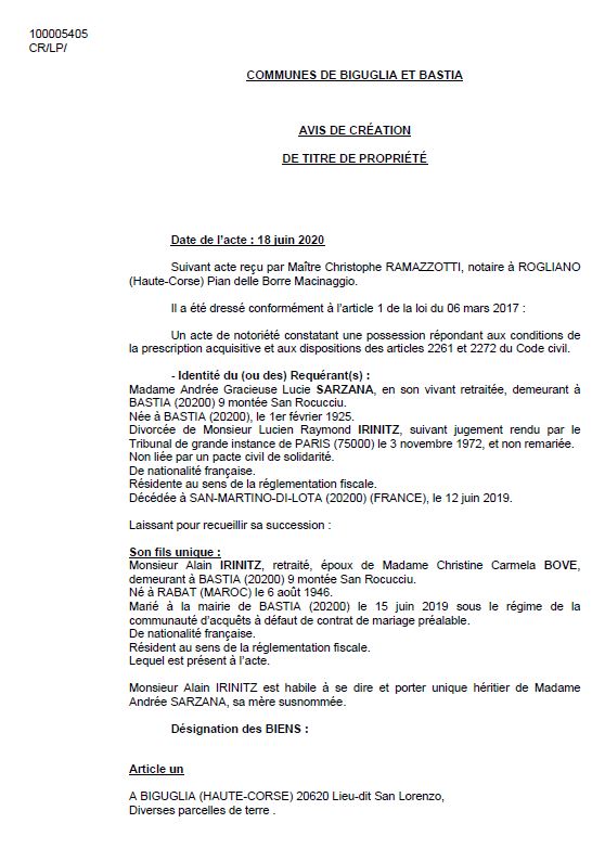 Avis de création de titre de propriété - commune de Bastia (Haute Corse) Avis de création de titre de propriété - commune de Bastia (Haute Corse)