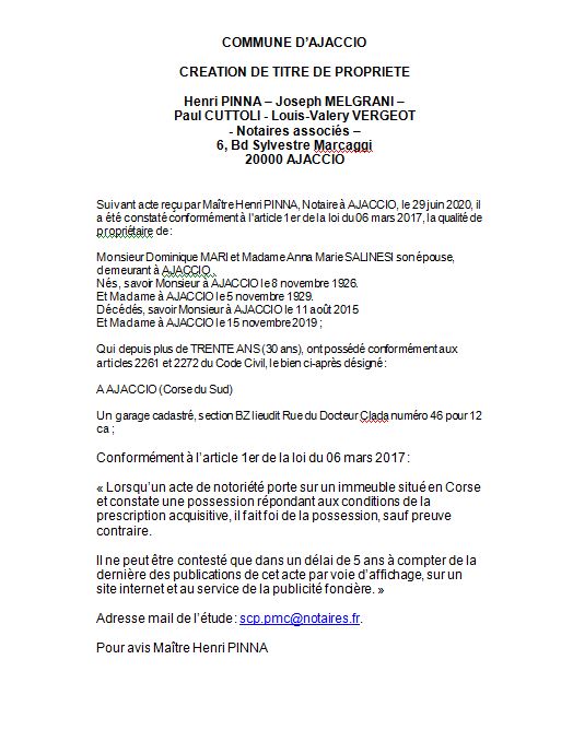 Avis de création de titre de propriété - commune d'Ajaccio (Corse du Sud) Avis de création de titre de propriété - commune d'Ajaccio (Corse du Sud)