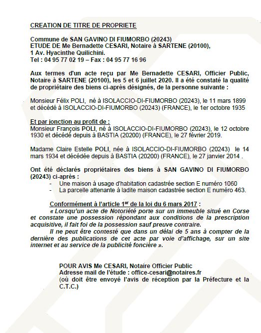 Avis de création de titre de propriété - commune de San Gavino di Fiumorbo (Haute Corse) Avis de création de titre de propriété - commune de San Gavino di Fiumorbo (Haute Corse)