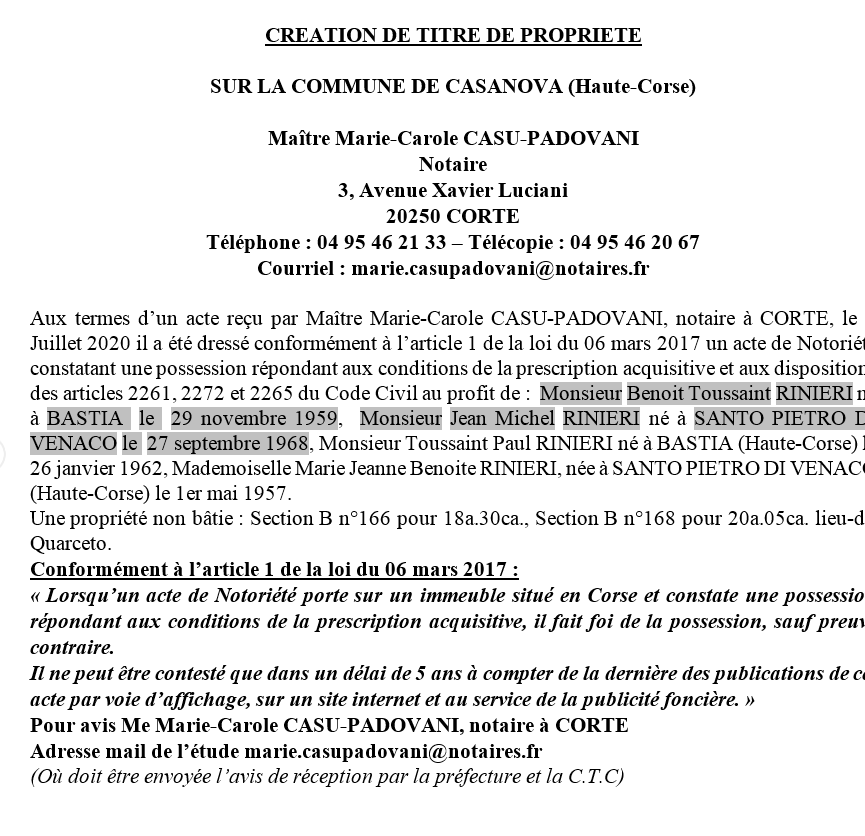Avis de création de titre de propriété - Commune de Casanova (Haute-corse)  Avis de création de titre de propriété - Commune de Casanova (Haute-corse)
