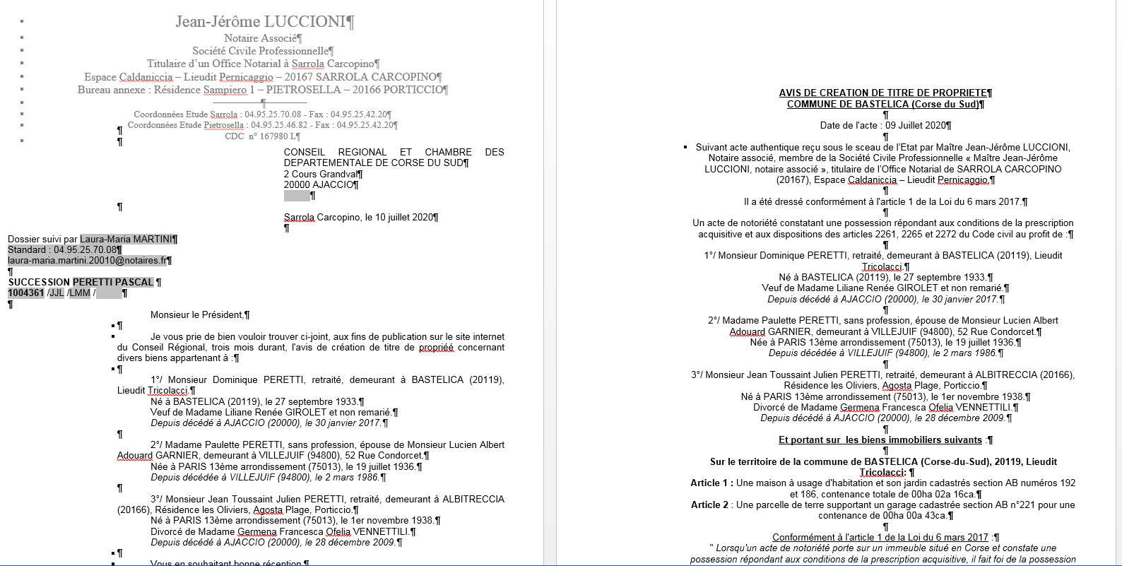  Avis de création de titre de propriété - Commune de Bastelica (Corse du Sud)