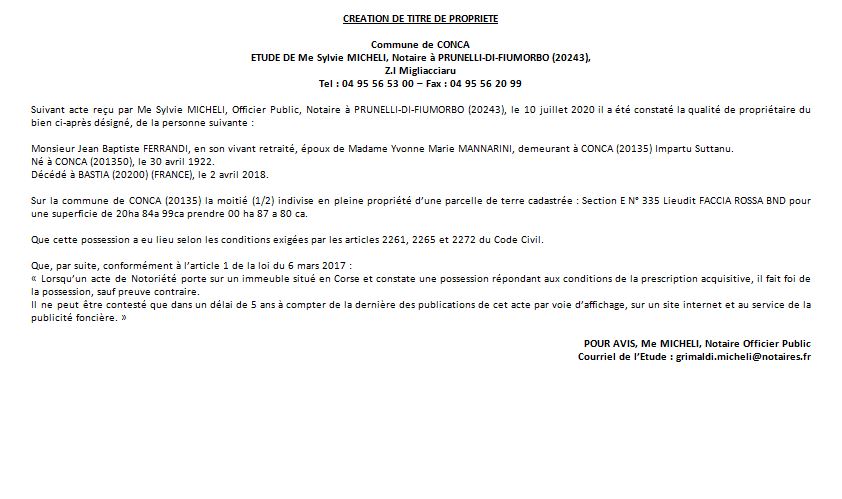 Avis de création de titre de propriété - Commune de Conca (Haute Corse)