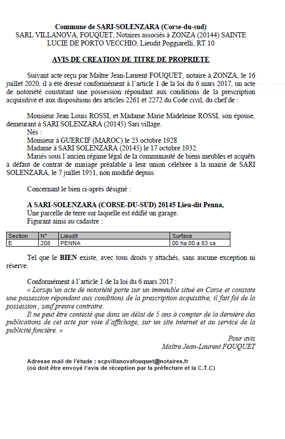 Création de titre de propriété - Commune de Sari-Solenzara(Corse du Sud) Création de titre de propriété - Commune de Sari-Solenzara(Corse du Sud)