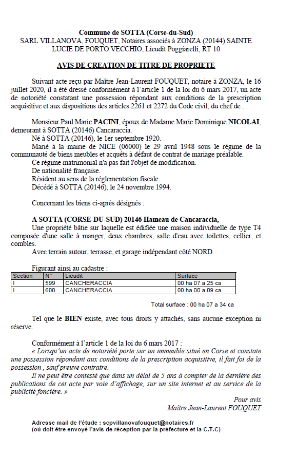 Création de titre de propriété - Commune de Sotta (Corse du Sud) Création de titre de propriété - Commune de Sotta (Corse du Sud)