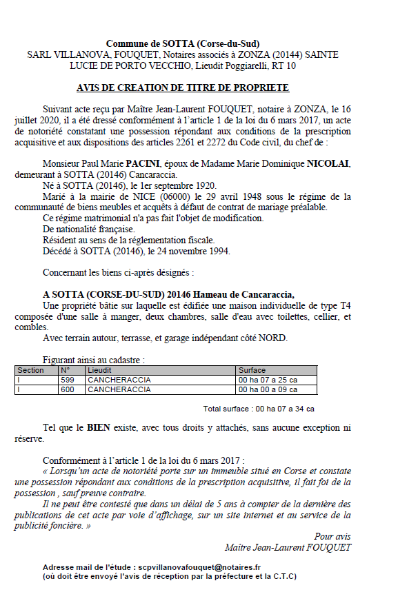 Création de titre de propriété - Commune de Sotta (Corse du Sud)