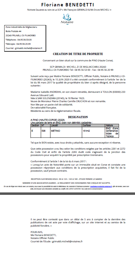 Création de titre de propriété - Commune de Pino (Haute-Corse) Création de titre de propriété - Commune de Pino (Haute-Corse)