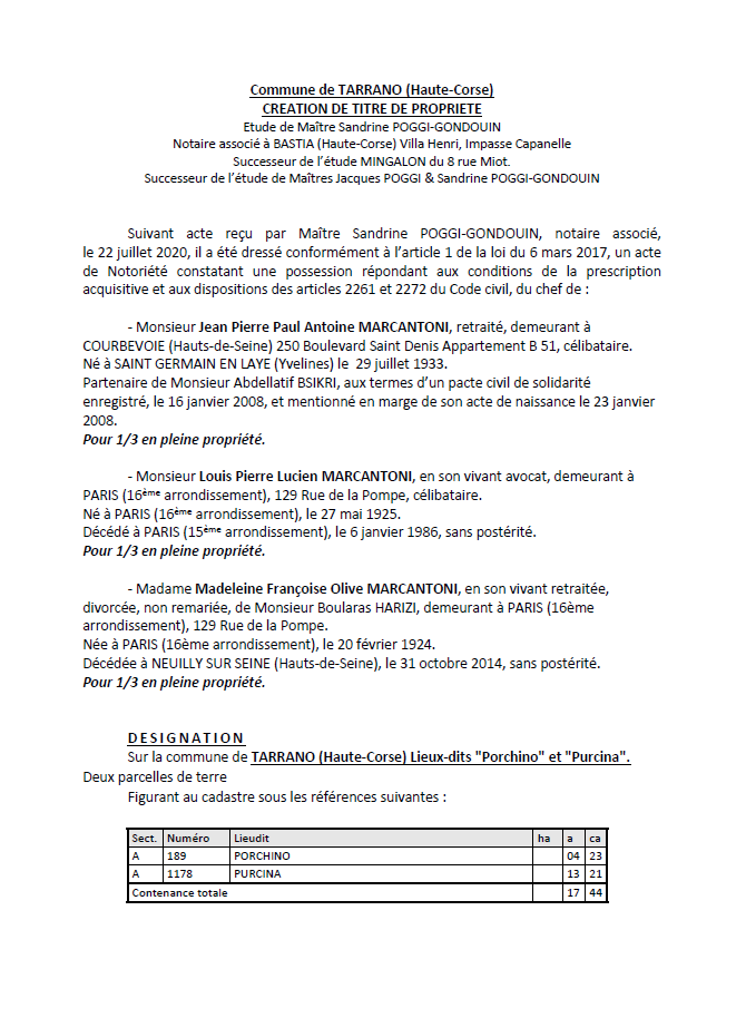 Création de titre de propriété - Commune de Tarrano (Haute-Corse)