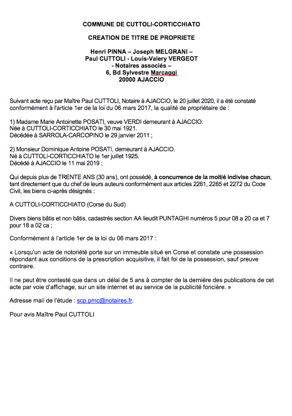 Création de titre de propriété - Commune de Cuttoli-Corticciato (Corse-du-Sud) Création de titre de propriété - Commune de Cuttoli-Corticciato (Corse-du-Sud)