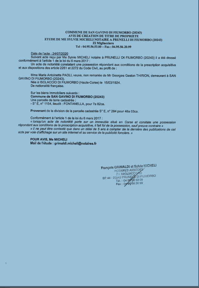 Création de titre de propriété - Commune de San Gavino di Fiumorbu (Haute-Corse)  Création de titre de propriété - Commune de San Gavino di Fiumorbu (Haute-Corse)