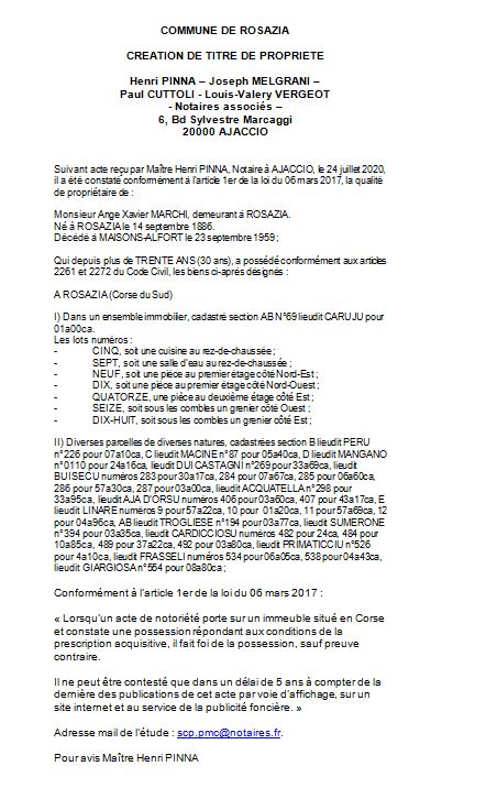 Avis de création de titre de propriété - commune de Rosazia (Corse du Sud) Avis de création de titre de propriété - commune de Rosazia (Corse du Sud)