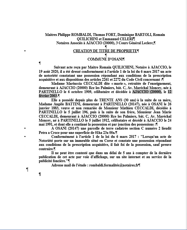 Avis de création de titre de propriété - Commune d'Osani (Corse du Sud)