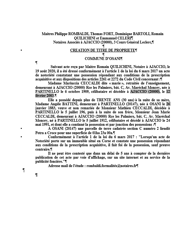 Avis de création de titre de propriété - Commune de Porto-Vecchio (Corse du Sud)