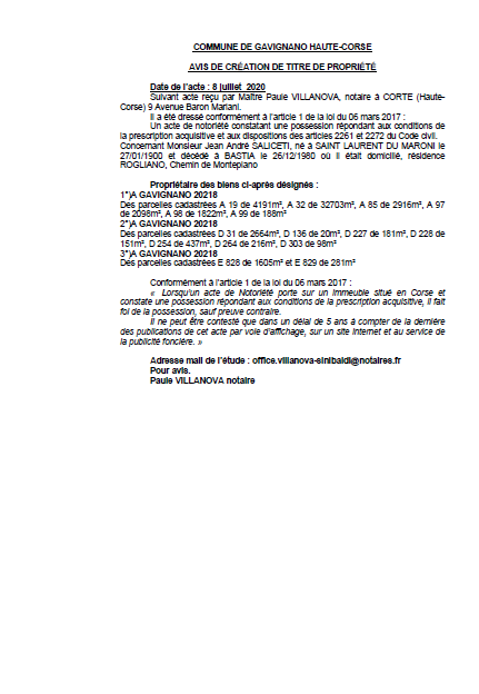 Avis de création de titre de propriété - Commune de Gavignano (Haute-Corse)