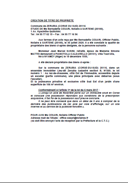 Avis de création de titre de propriété - Commune de Zerubia (Corse du Sud)