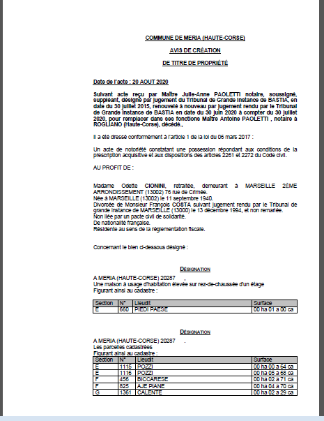  Avis de création de titre de propriété-Commune de Meria (Haute-Corse)