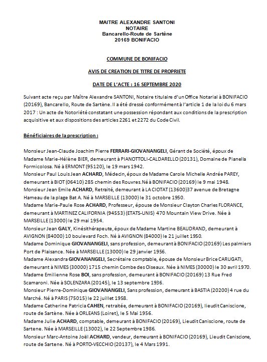 Avis de création de titre de propriété - commune de Bonifacio (Corse-du-sud)