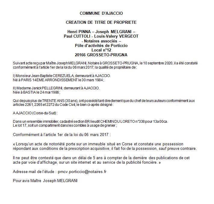 Avis de création de titre de propriété - commune d'Ajaccio (Corse-du-sud)