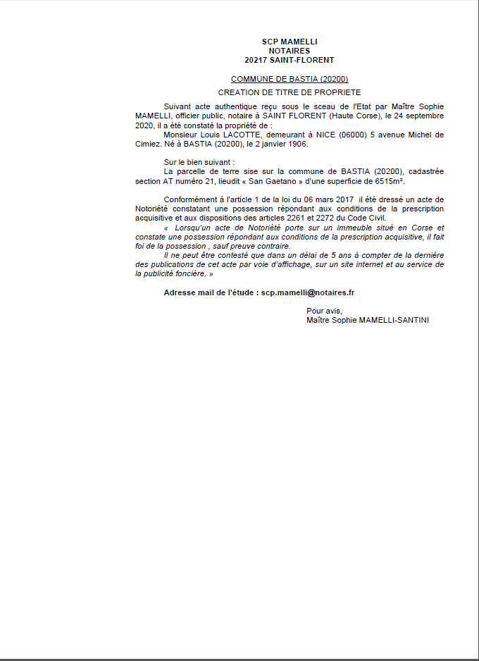 Avis de création de titre de propriété-Commune de Bastia (Haute-Corse)