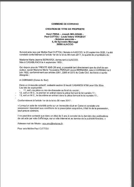 Avis de création de titre de propriété-Commune de Corrano (Corse-du-Sud)
