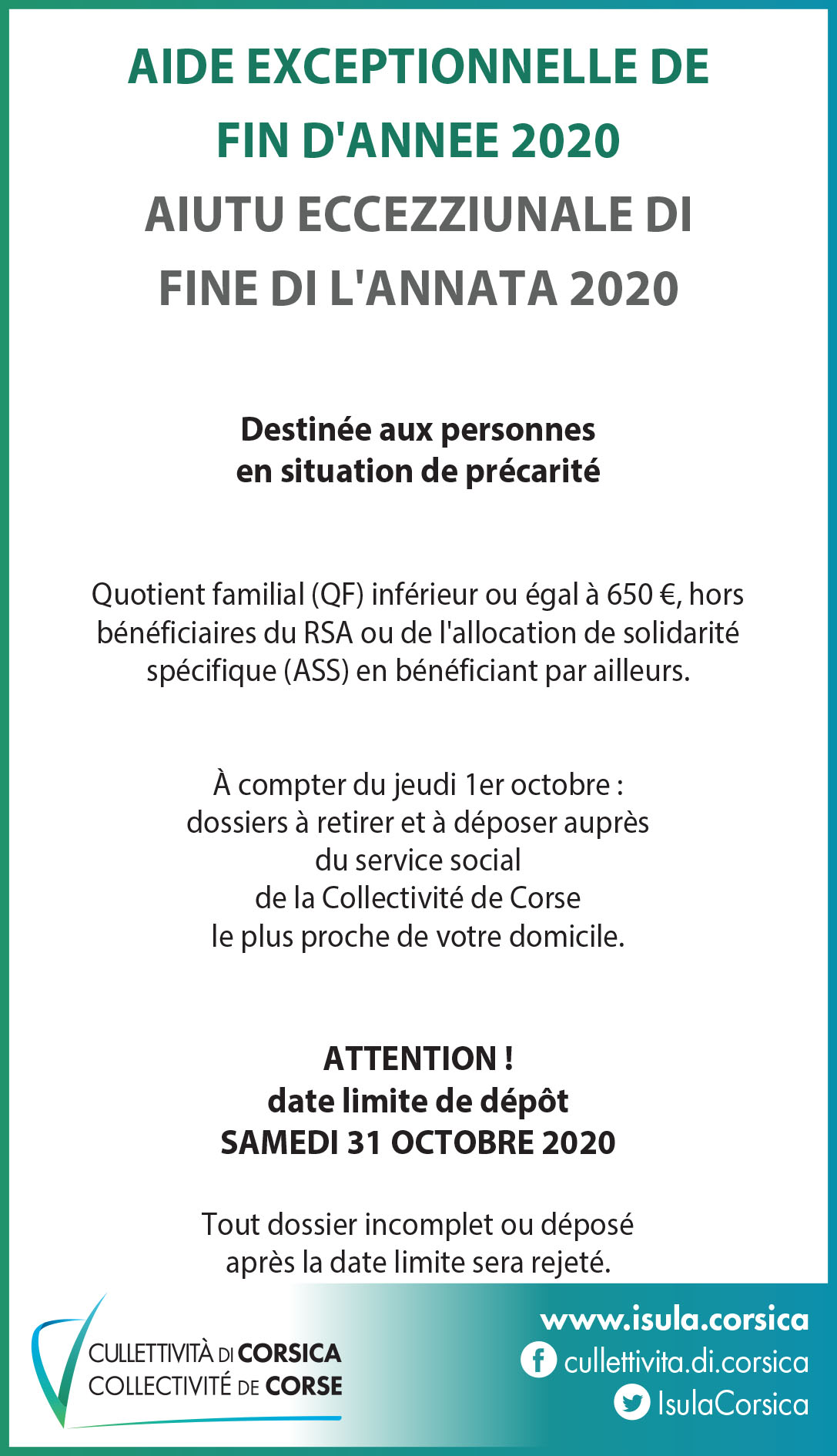 Aiutu eccezziunale di fine di l'annata 2020 destinée aux personnes en situation de précarité
