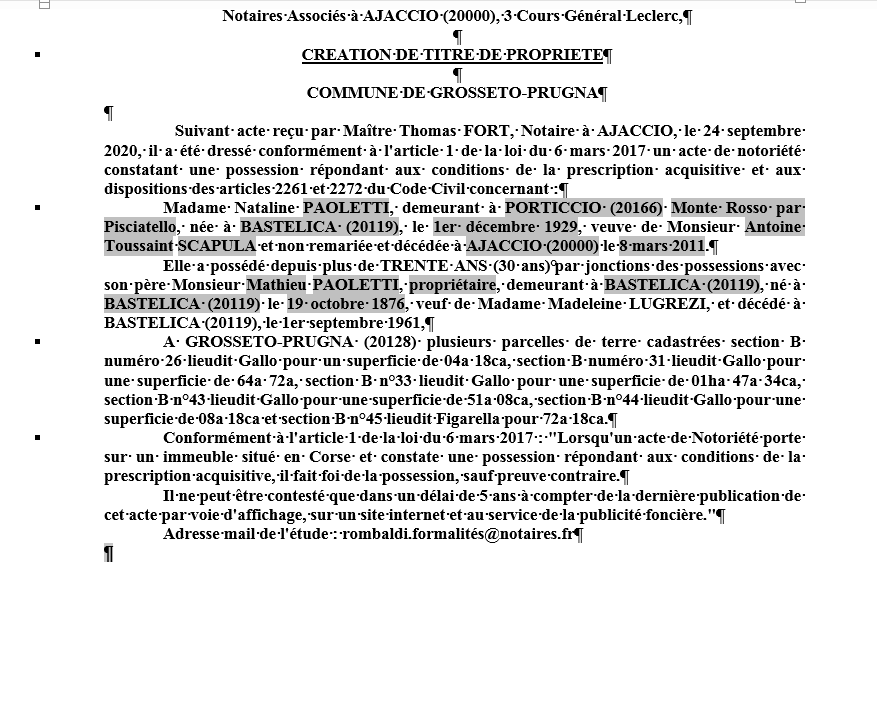  Avis de création de titre de propriété-Commune de Grosseto-Prugna (Corse-du-Sud)