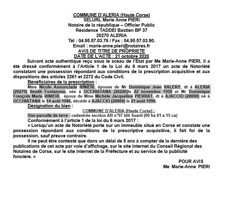 Avis de création de titre de propriété - commune d'Aléria (Haute Corse)