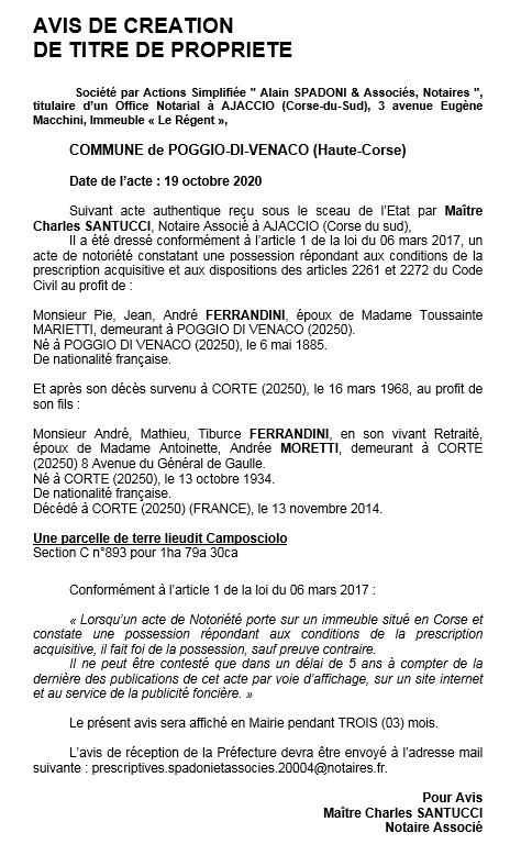 Avis de création de titre de propriété - commune de Poggio-di-Venaco (Haute Corse)