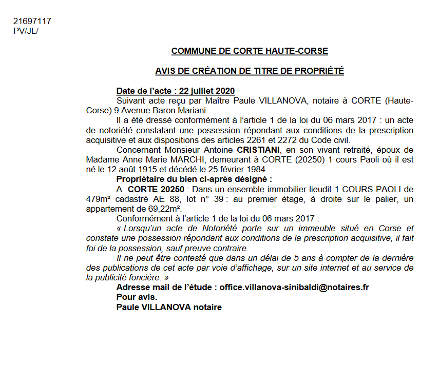 Avis de création de titre de propriété - commune de Corte (Haute Corse)