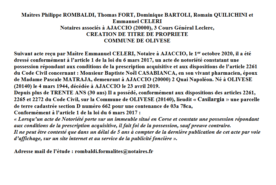 Avis de création de titre de propriété - commune d'Olivese (Corse du Sud)