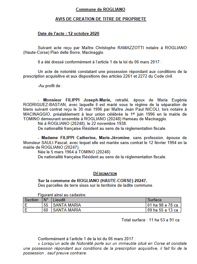 Avis de création de titre de propriété - commune de Rogliano (Haute Corse)
