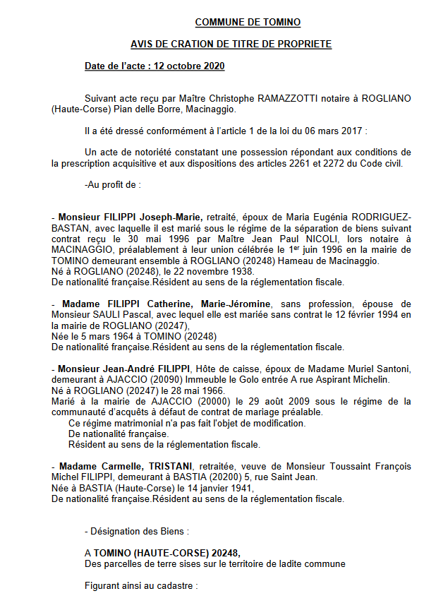 Avis de création de titre de propriété - commune de Tomino (Haute Corse)