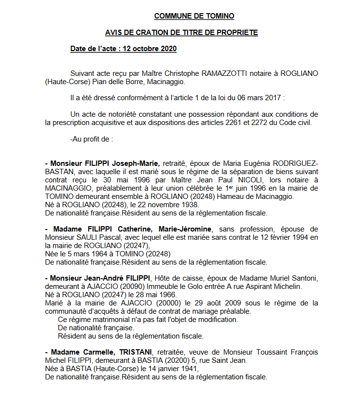Avis de création de titre de propriété - commune de Tomino (Haute Corse)
