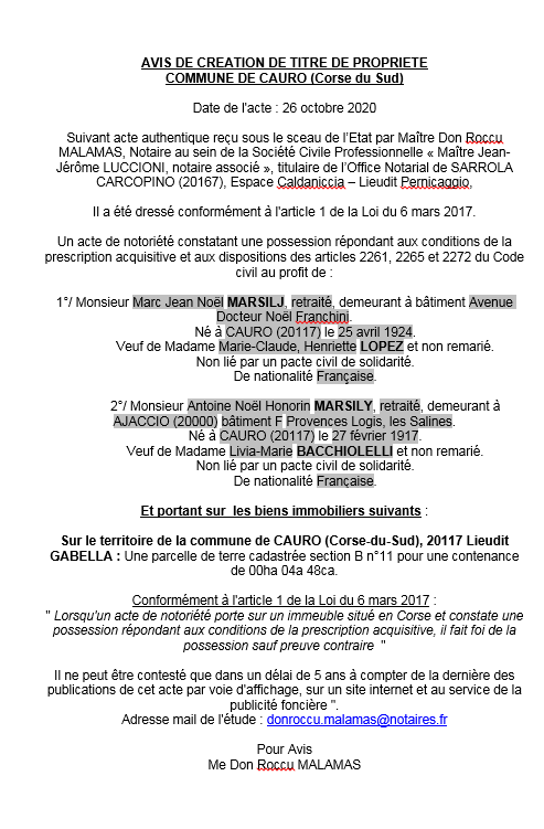 Avis de création de titre de propriété - commune de Cauro (Corse du Sud)
