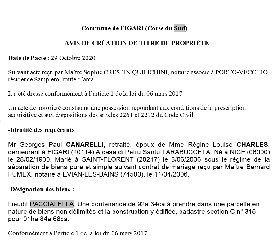 Avis de création de titre de propriété-Commune de Figari-Corse du Sud