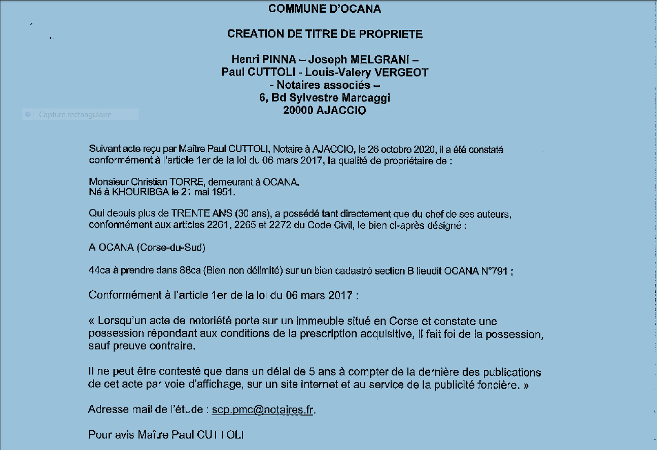 Avis de création de titre de propriété-Commune d'Ocana-Corse du Sud