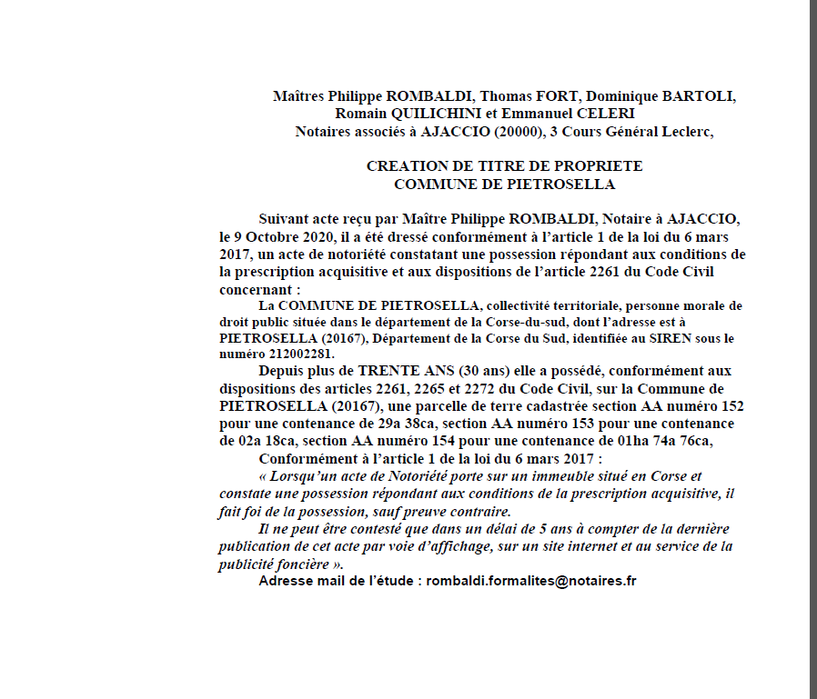 Avis de création de titre de propriété-Commune de Pietrosella- (Corse du Sud)