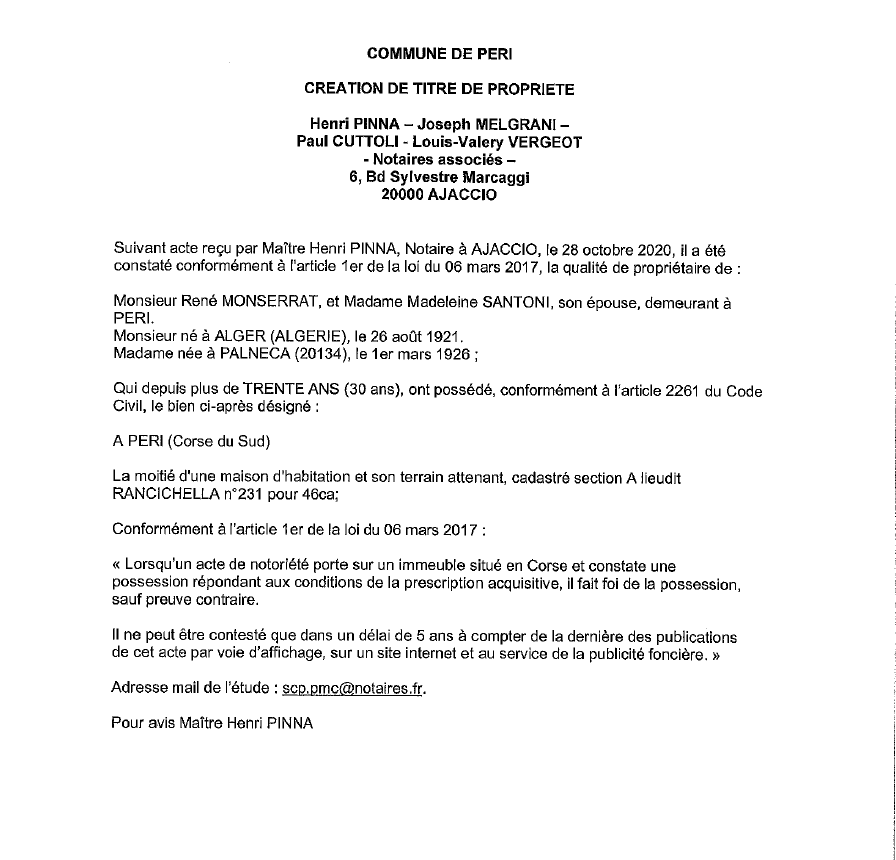 Avis de création de titre de propriété-Commune de Peri- (Corse du Sud)