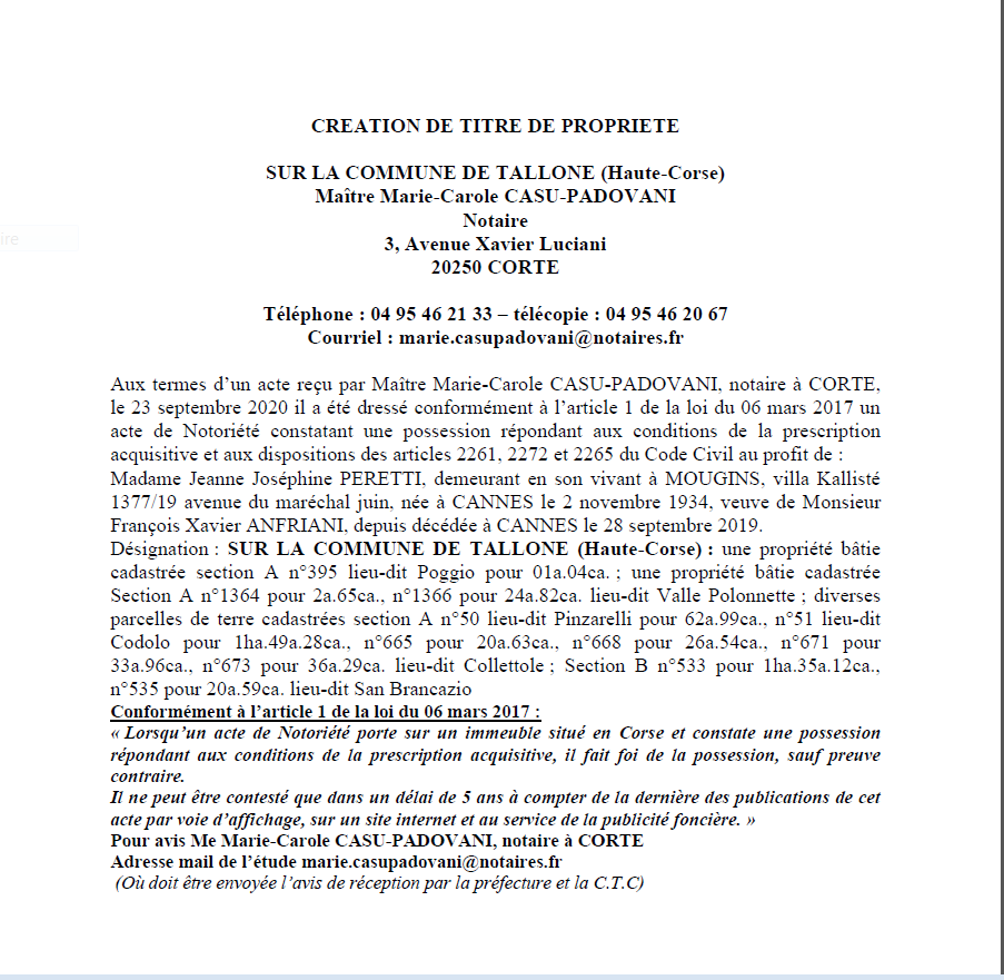 Avis de création de titre de propriété-Commune de Tallone- (Haute-Corse)