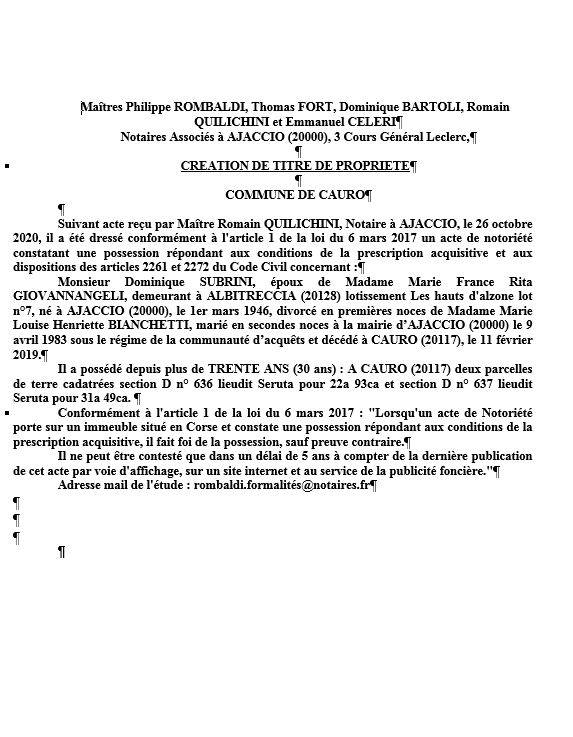  Avis de création de titre de propriété-Commune de Cauro (Corse du Sud)