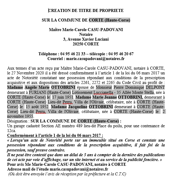 Avis de création de titre de propriété - commune de Corte (Haute-Corse)