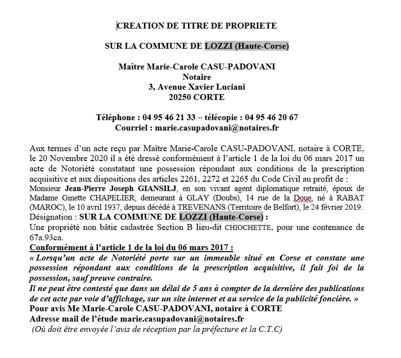 Avis de création de titre de propriété - commune de Lozzi (Haute-Corse)