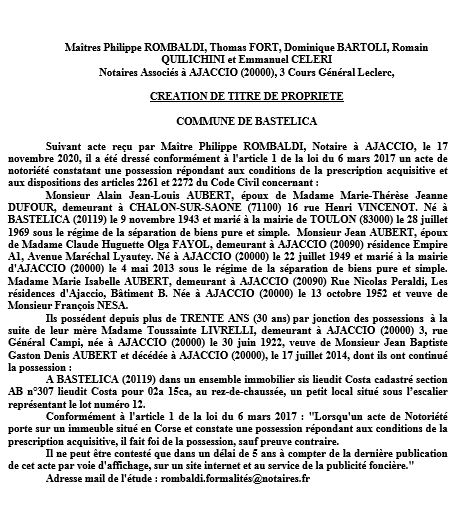 Avis de création de titre de propriété - commune de Bastelica (Corse du sud)