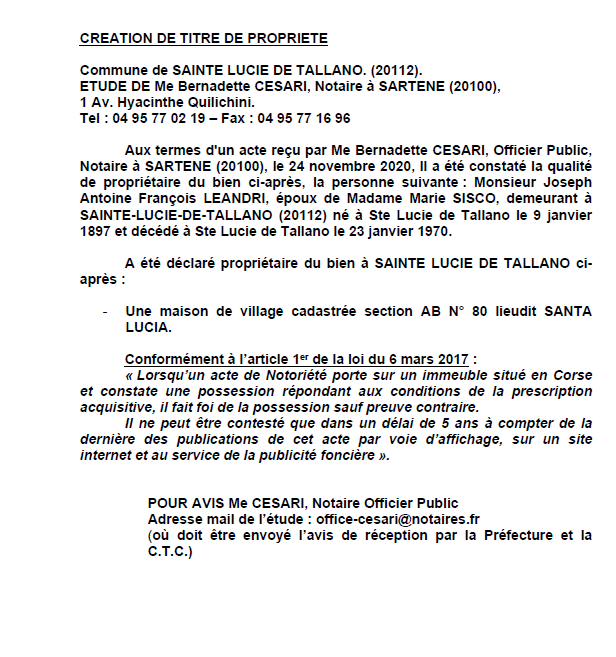Avis de création de titre de propriété - commune de Sainte-Lucie-de-Tallano (Corse-du-Sud)