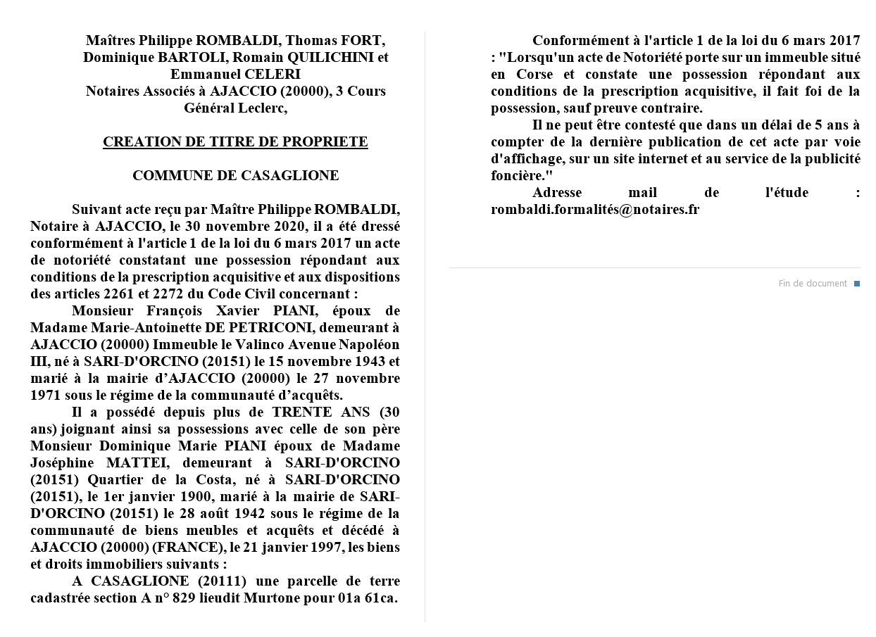  Avis de création de titre de propriété-Commune de Casaglione (Corse-du-Sud))