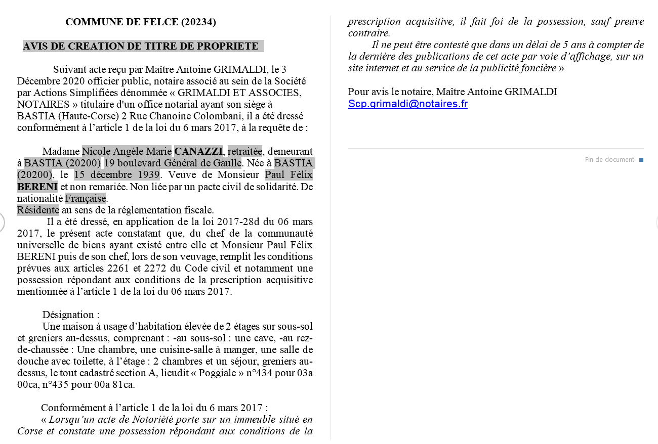 Avis de création de titre de propriété-Commune de Felce (Haute-Corse)